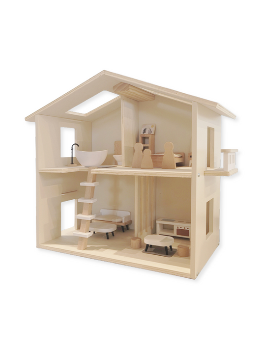 Houten poppenhuis met meubilair