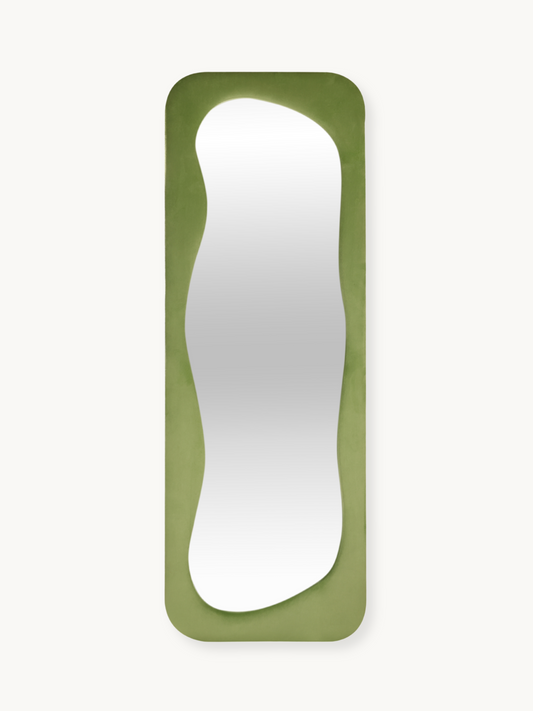 Asymmetrical standing mirror Felis with suede velvet upholstery