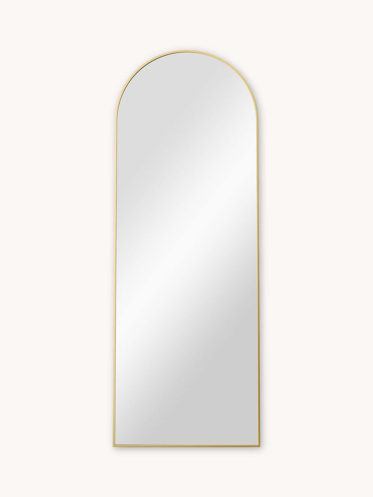 Full-length arched mirror with slim gold aluminium frame against plain white background, front view