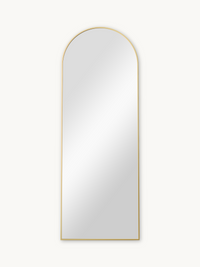 Full-length arched mirror with slim gold aluminium frame against plain white background, front view