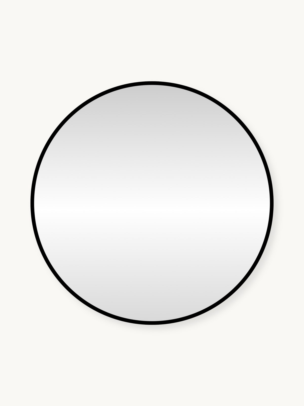 Round wall mirror with slim black metal frame, front view on off-white background