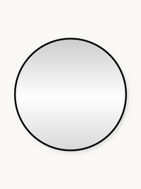 Round wall mirror with slim black metal frame, front view on off-white background