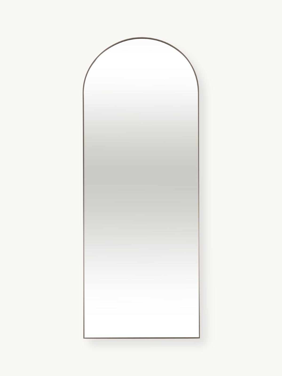 Tall arched full-length mirror with slim taupe aluminium frame, front view on off-white background