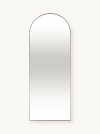 Tall arched full-length mirror with slim taupe aluminium frame, front view on off-white background