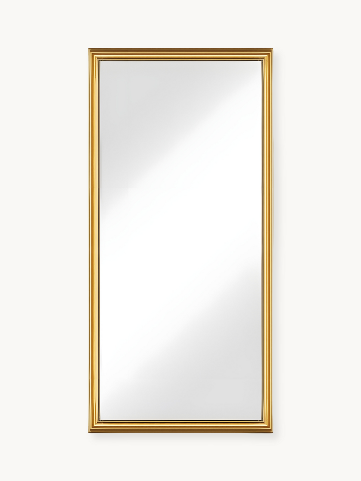 Tall rectangular full-length mirror with narrow gold aluminium frame, front view on white background