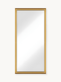 Tall rectangular full-length mirror with narrow gold aluminium frame, front view on white background