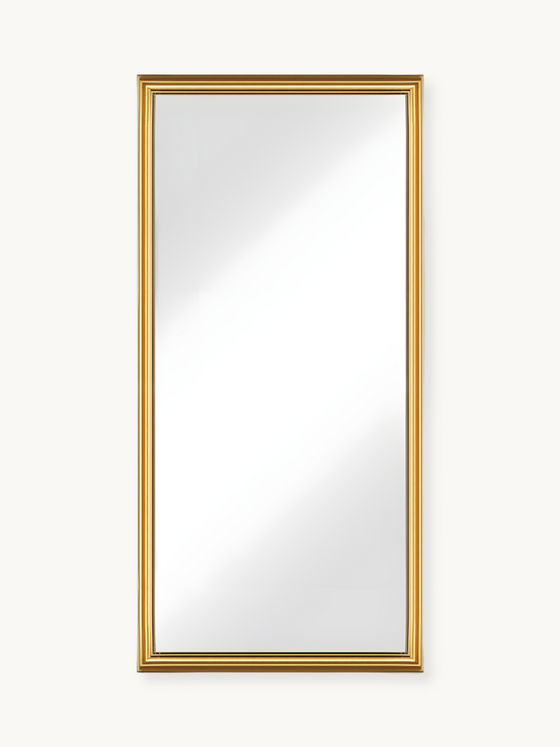 Tall rectangular full-length mirror with narrow gold aluminium frame, front view on white background