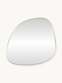 Alaric organic-shaped wall mirror with thin matte gold PVC frame, asymmetric pebble silhouette, front view on white backgr…