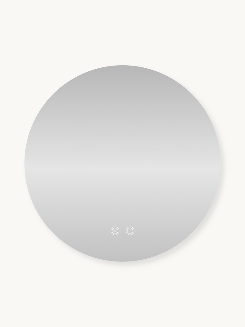 Round frameless LED bathroom mirror with two touch control icons at the bottom centre, front view on white background