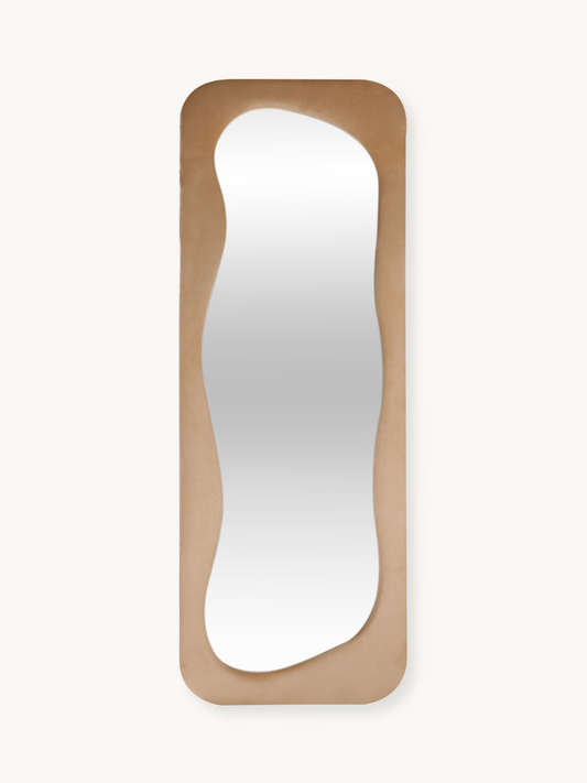 Asymmetrical standing mirror Felis with suede velvet upholstery