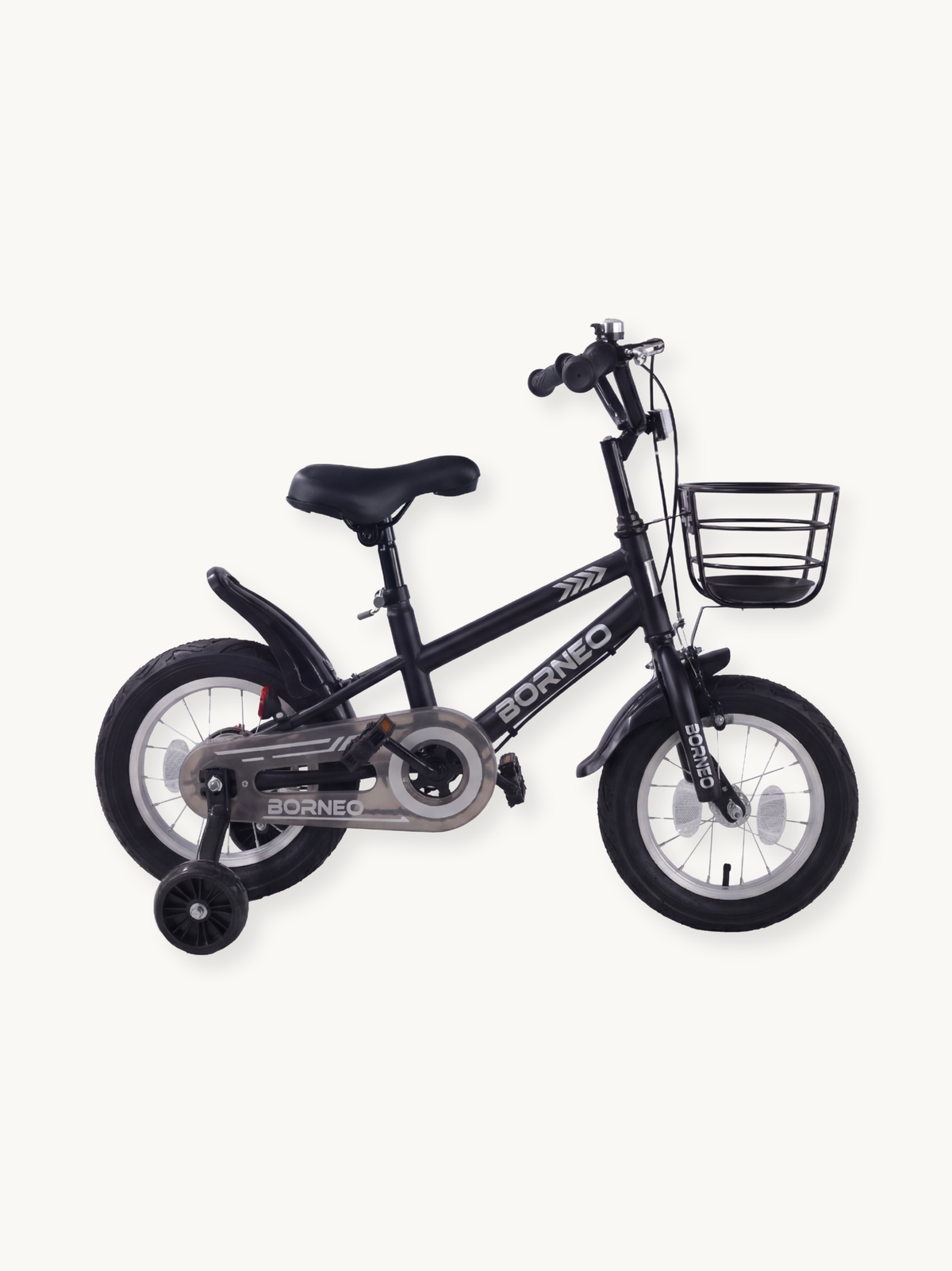 Borneo 12-inch black kids bike, right-side view, with front wire basket, training wheels, and bell visible