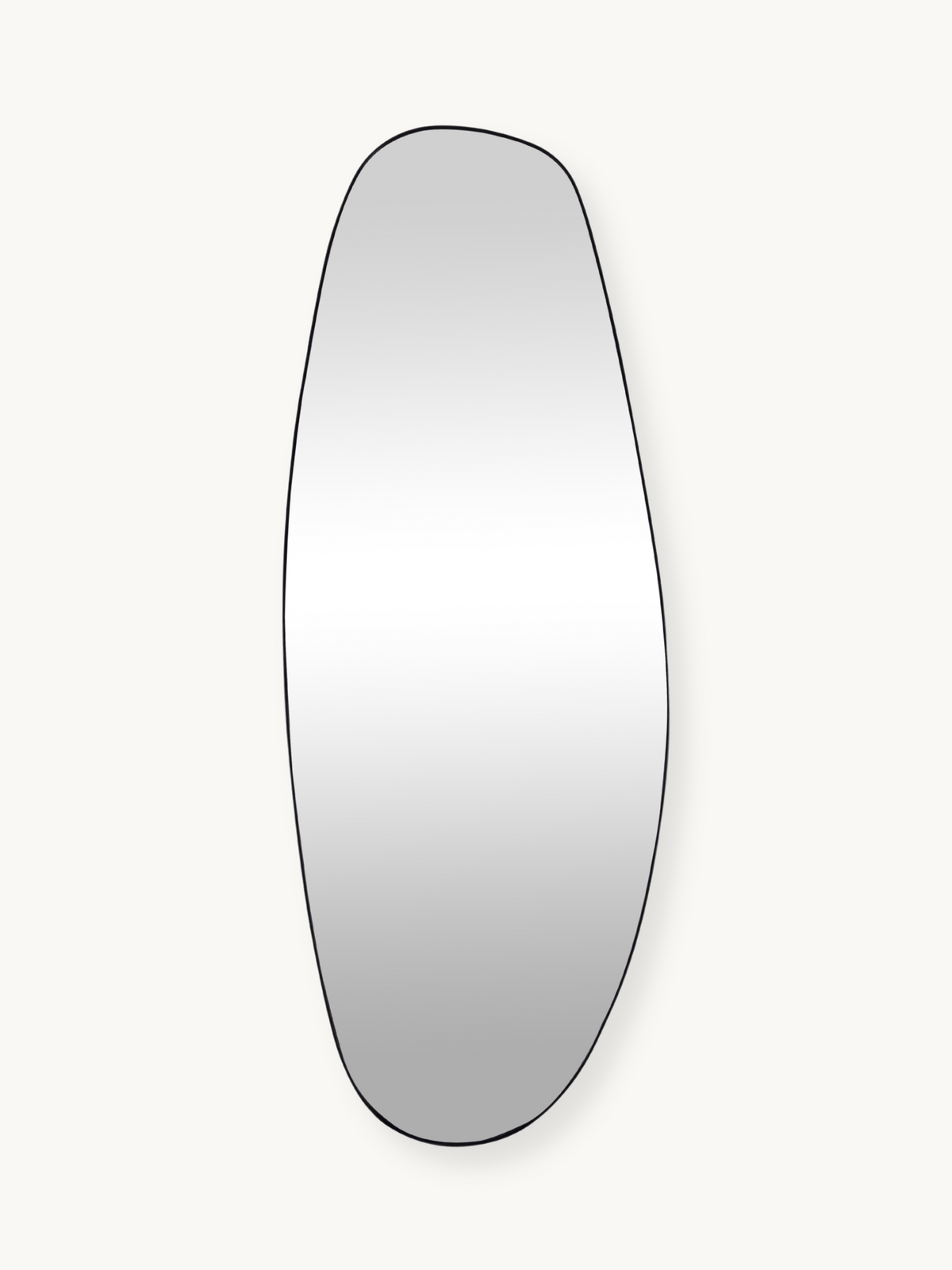 Tall asymmetric organic-shaped wall mirror with thin black PVC frame, front view on white background