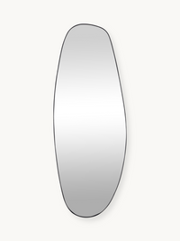 Tall asymmetric organic-shaped wall mirror with thin black PVC frame, front view on white background