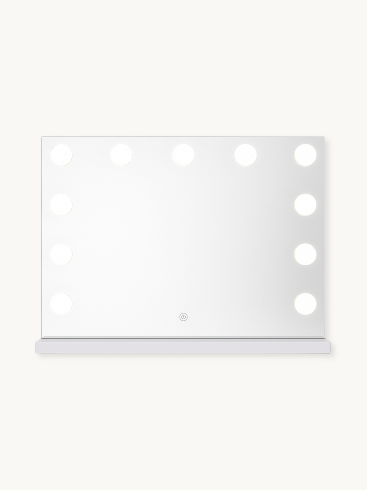 White Hollywood vanity mirror with 12 lit round LED bulbs along top and side edges, touch power button, on plain background