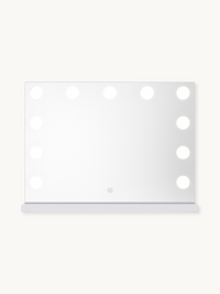 White Hollywood vanity mirror with 12 lit round LED bulbs along top and side edges, touch power button, on plain background