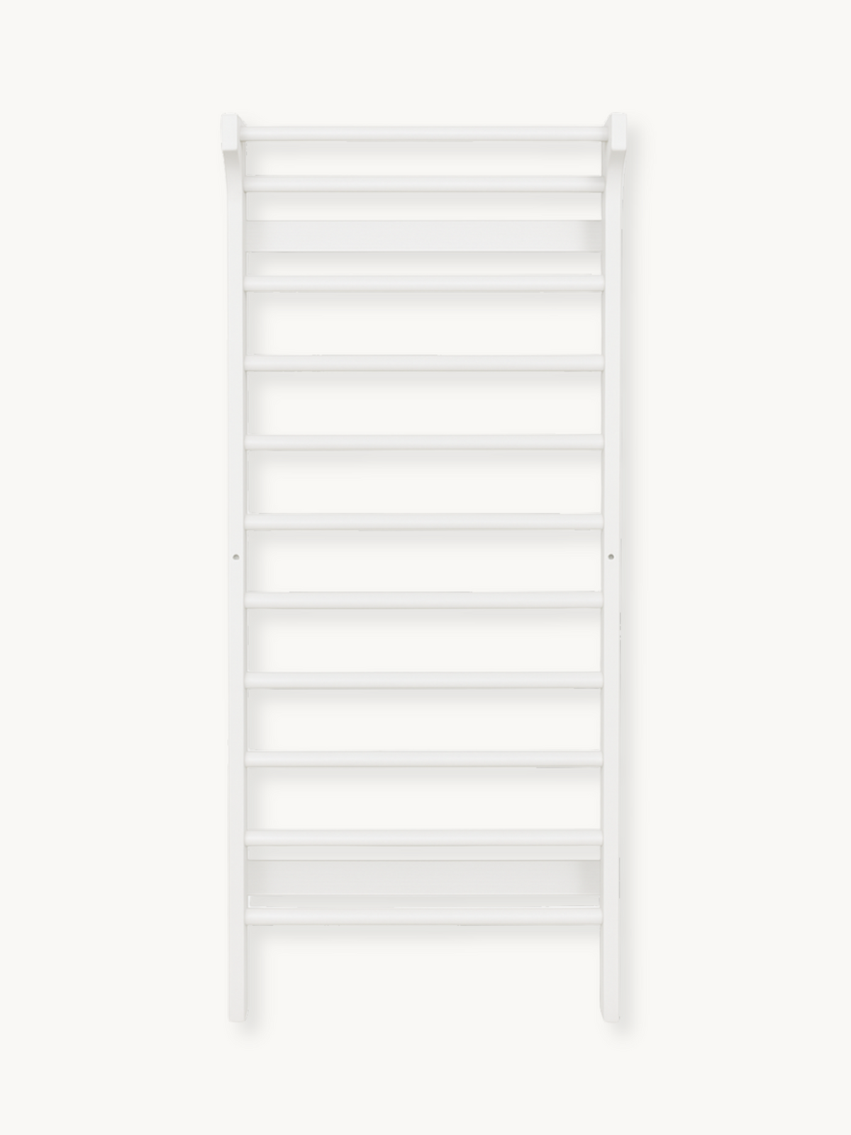 White wooden wall-mounted climbing frame with evenly spaced horizontal rungs, front view against plain background