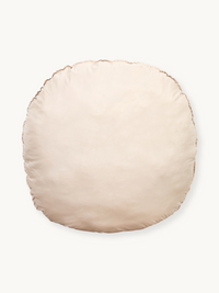 Round cream white floor cushion, front view, scalloped edge detail, fully filled and plump against plain background