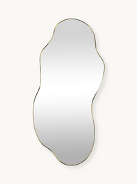 Tall organic-shaped wall mirror with a thin gold PVC frame, asymmetric wavy silhouette, front view on white background