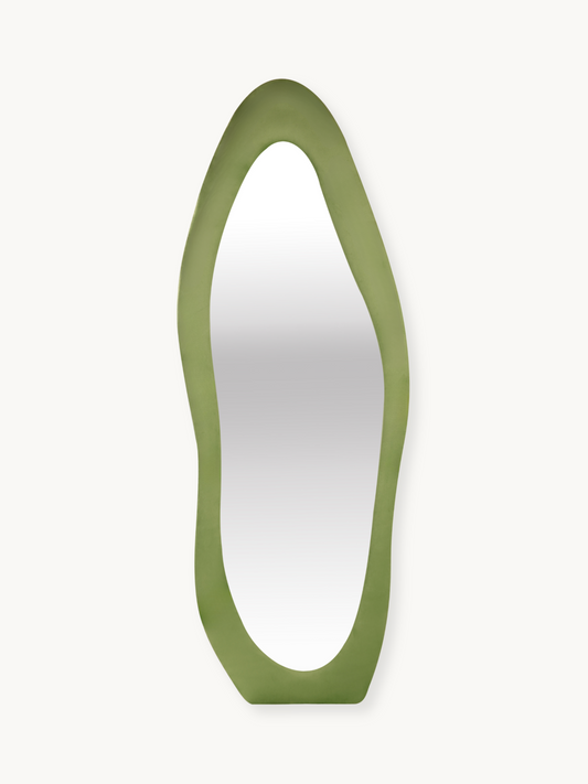 Asymmetrical standing mirror Seraphina with suede velvet upholstery