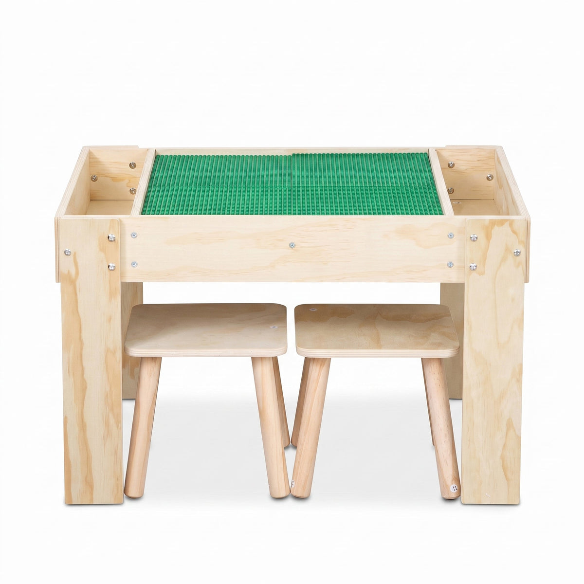 Natural wood children's play table with green building plate top, two side storage compartments, and two small stools tuck…
