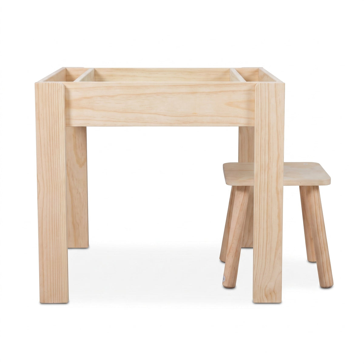 Natural wood children's play table shown without building plate insert, revealing open recessed top frame, with one stool…