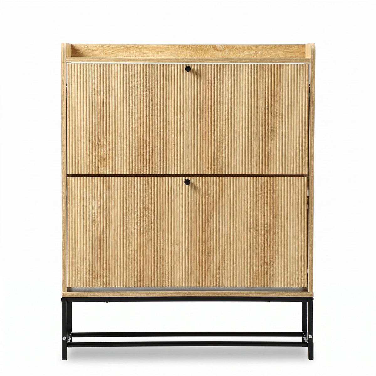 Natural oak-finish shoe cabinet front view, two closed ribbed flip doors with black round knobs, black metal frame base
