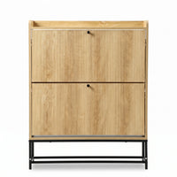 Natural oak-finish shoe cabinet front view, two closed ribbed flip doors with black round knobs, black metal frame base