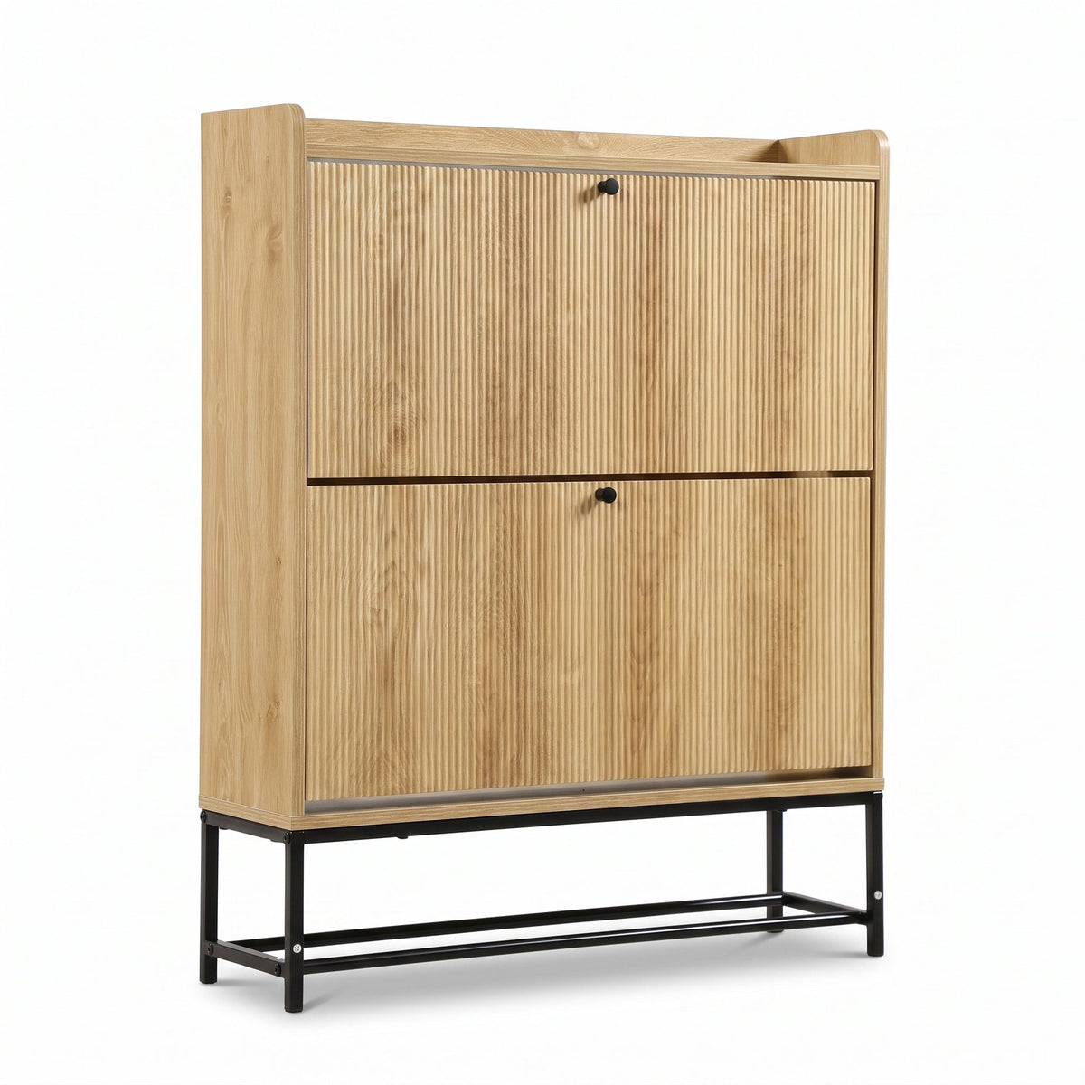 Oak-finish shoe cabinet with ribbed flip doors, black round knobs, open top shelf, and black metal frame base, angled view