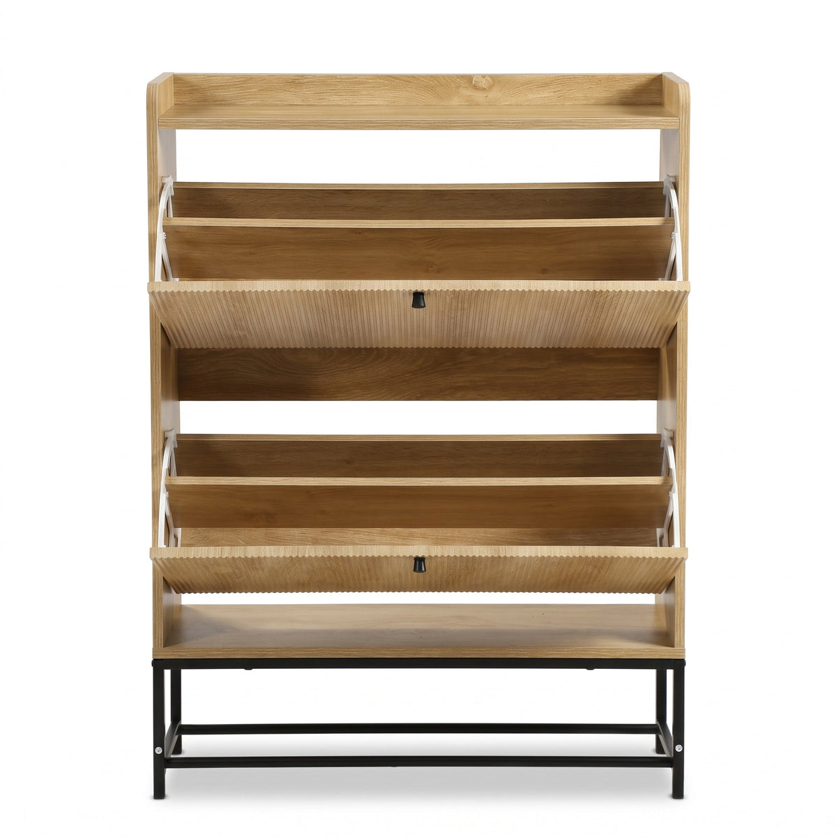 Front view of oak-finish shoe cabinet, both flip-down compartments open revealing storage bays, ribbed door fronts and bla…