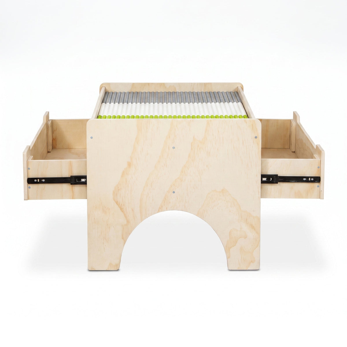 Natural wood children's play table front view, both side storage drawers fully extended on metal slides, arch cutout base…
