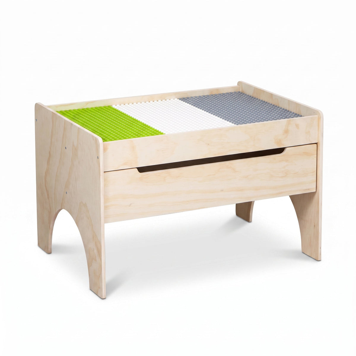 Natural wood children's play table with green, white and grey building plates on top and a sliding storage drawer below, a…