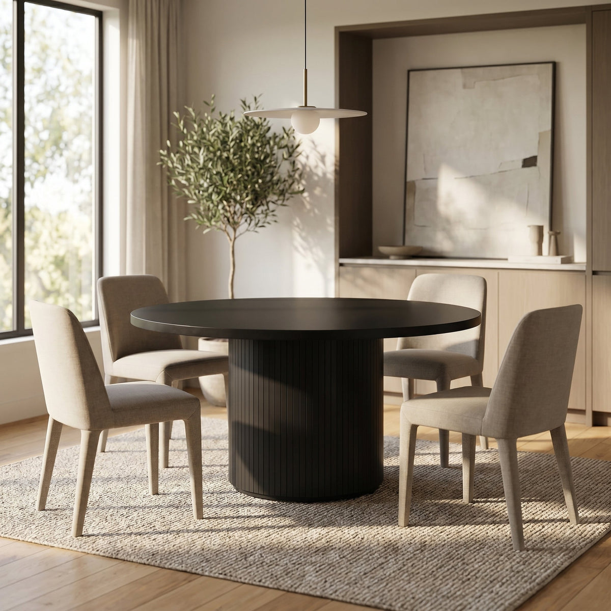 Black round dining table with fluted pedestal base styled in a bright neutral dining room with four beige upholstered chairs