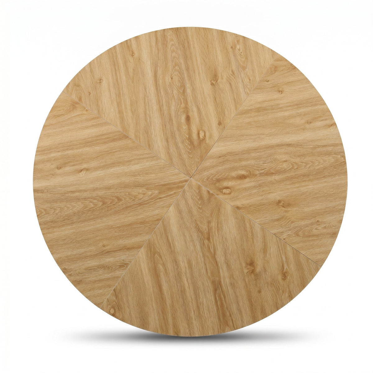 Top-down close-up of round oak tabletop with six radiating pie-segment veneer panels meeting at a central point