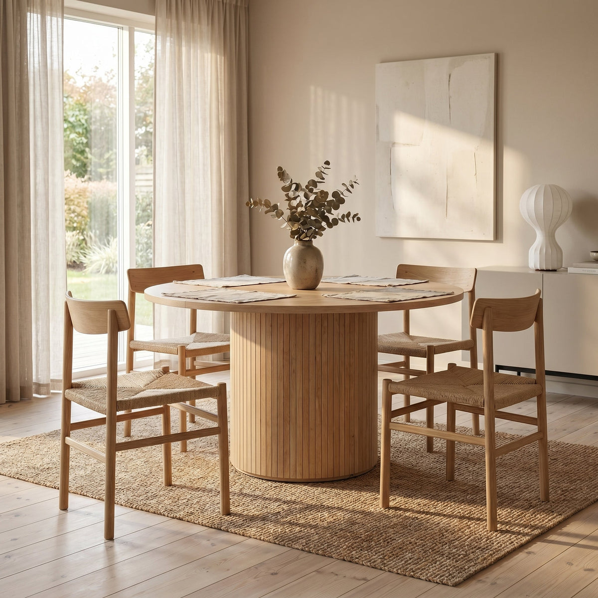 Round oak dining table with fluted cylinder pedestal styled in bright dining room, four woven-seat chairs and eucalyptus c…