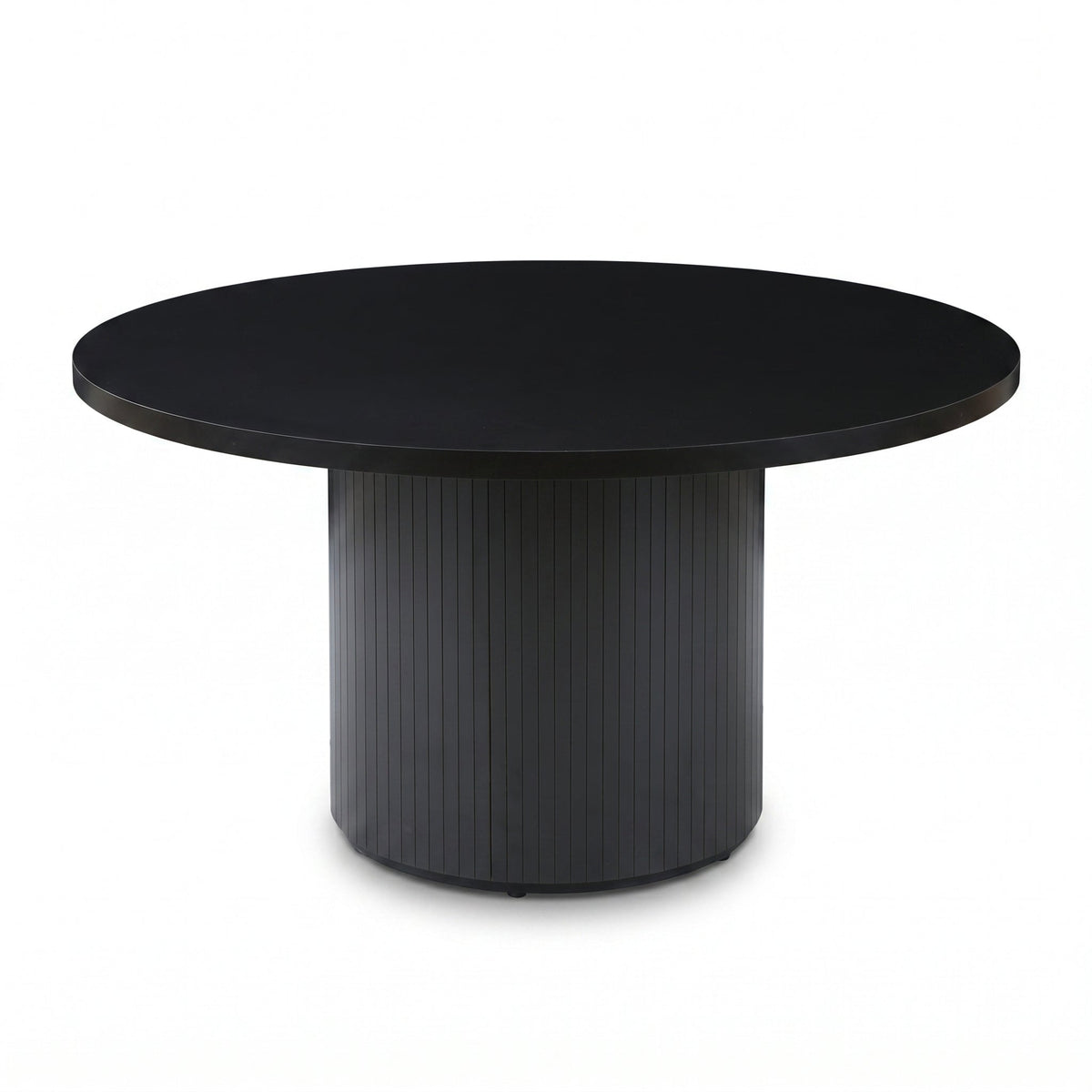 Black round dining table with ribbed cylindrical pedestal base, matte finish, front-facing view on white background