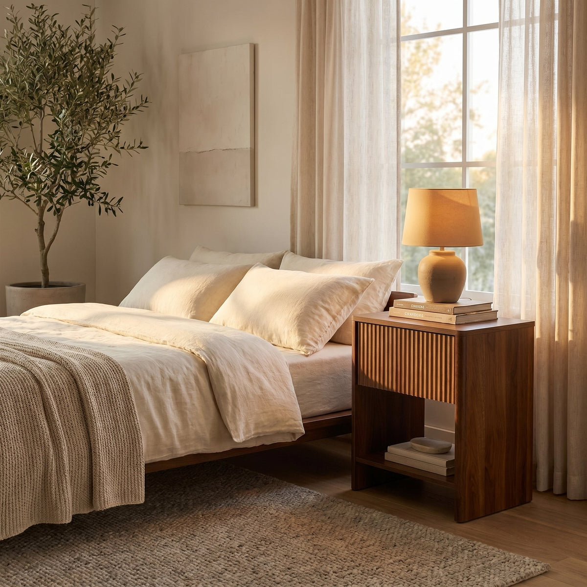 Walnut Noa nightstand beside a bed, ribbed drawer front and open lower shelf visible, styled with lamp and books in warm b…
