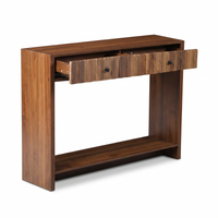 Walnut console table angled view with both drawers pulled open, revealing black round knobs and slatted drawer fronts, bot…