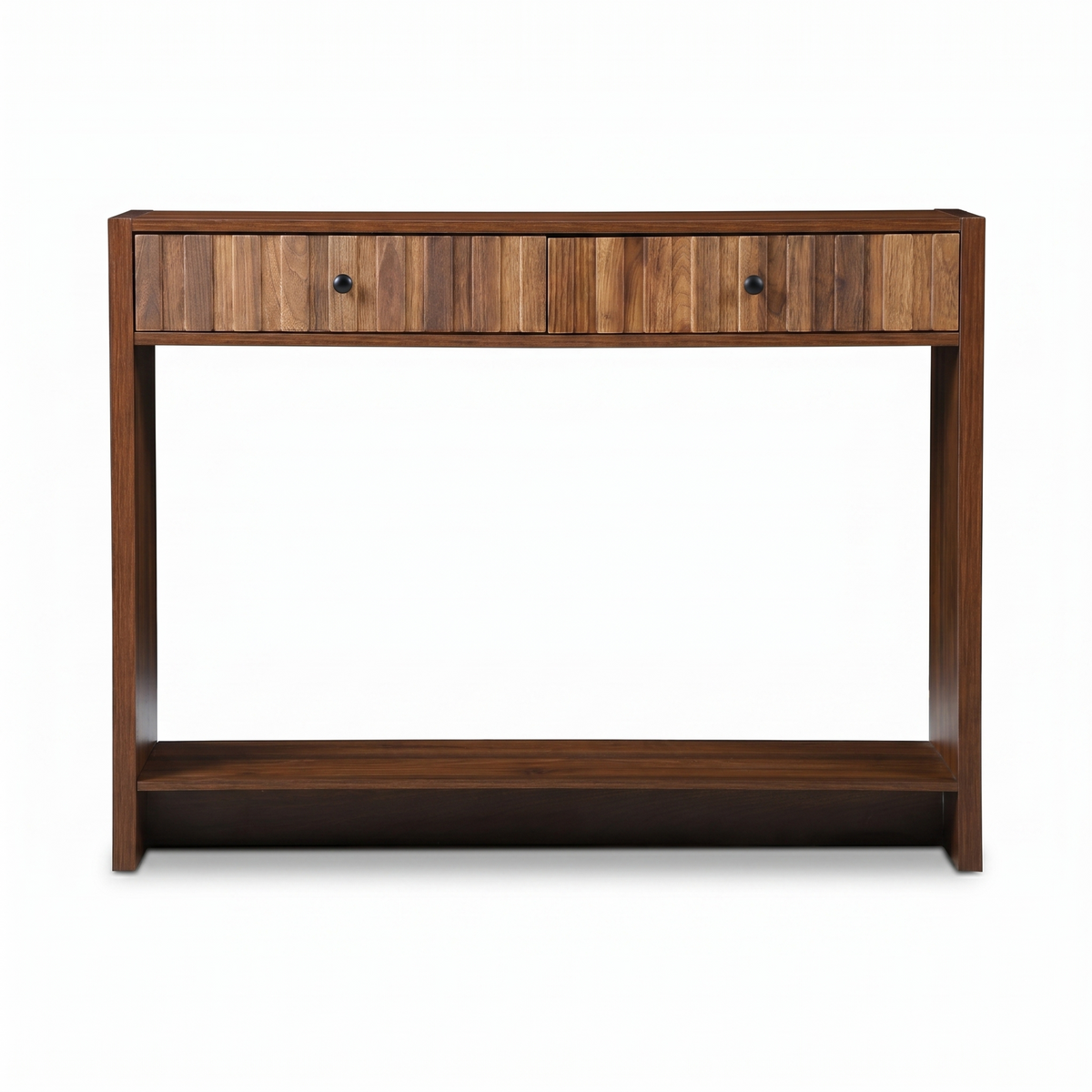 Walnut console table front view showing two drawers with vertical slat fronts, black round knobs, and open lower shelf on…