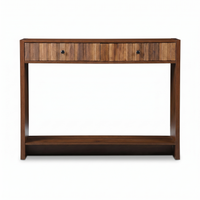 Walnut console table front view showing two drawers with vertical slat fronts, black round knobs, and open lower shelf on…