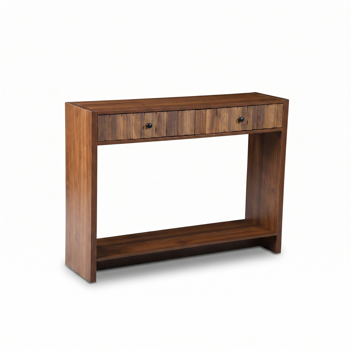 Walnut wood console table with two drawers, black round knobs, open bottom shelf, angled studio view on white background