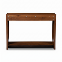 Walnut console table rear view showing silver screws, panel construction, and open bottom shelf on white background