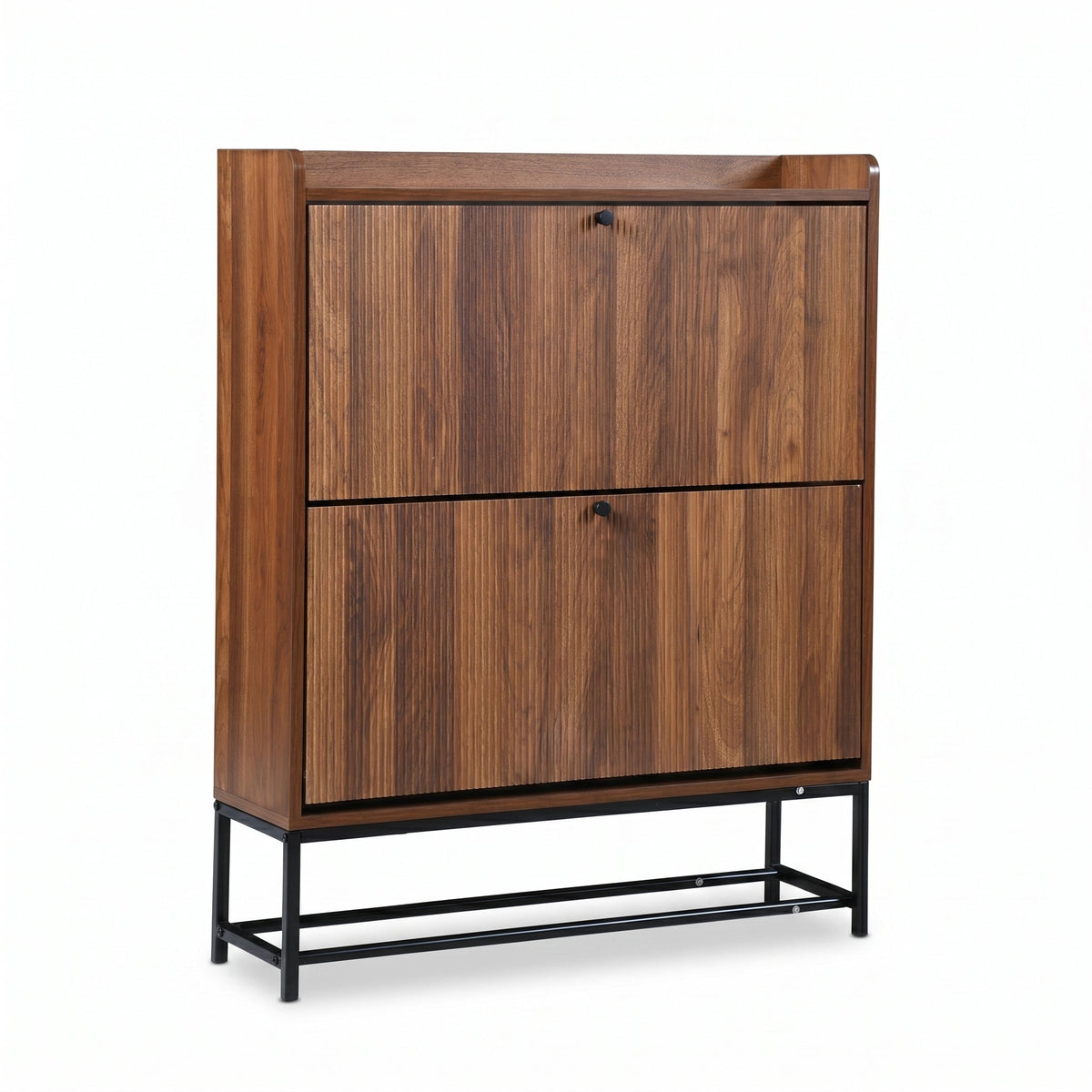 Walnut-finish shoe cabinet with two flip-down doors, black knobs, and black metal frame base, angled front view