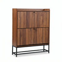 Walnut-finish shoe cabinet with two flip-down doors, black knobs, and black metal frame base, angled front view