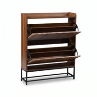 Walnut shoe cabinet angled view, both ribbed flip-down doors open revealing internal compartments and black metal hinges