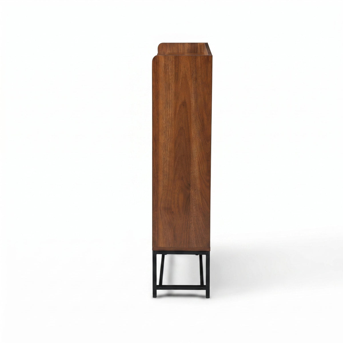 Walnut shoe cabinet side profile view showing wood grain texture and slim black metal base, white background