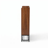 Walnut shoe cabinet side profile view showing wood grain texture and slim black metal base, white background