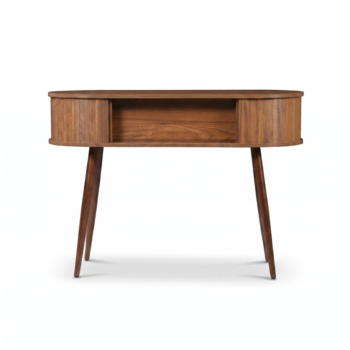 Walnut oval console table front view, open centre cubby and closed side compartments on splayed tapered legs, white backgr…