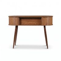Walnut oval console table front view, open centre cubby and closed side compartments on splayed tapered legs, white backgr…