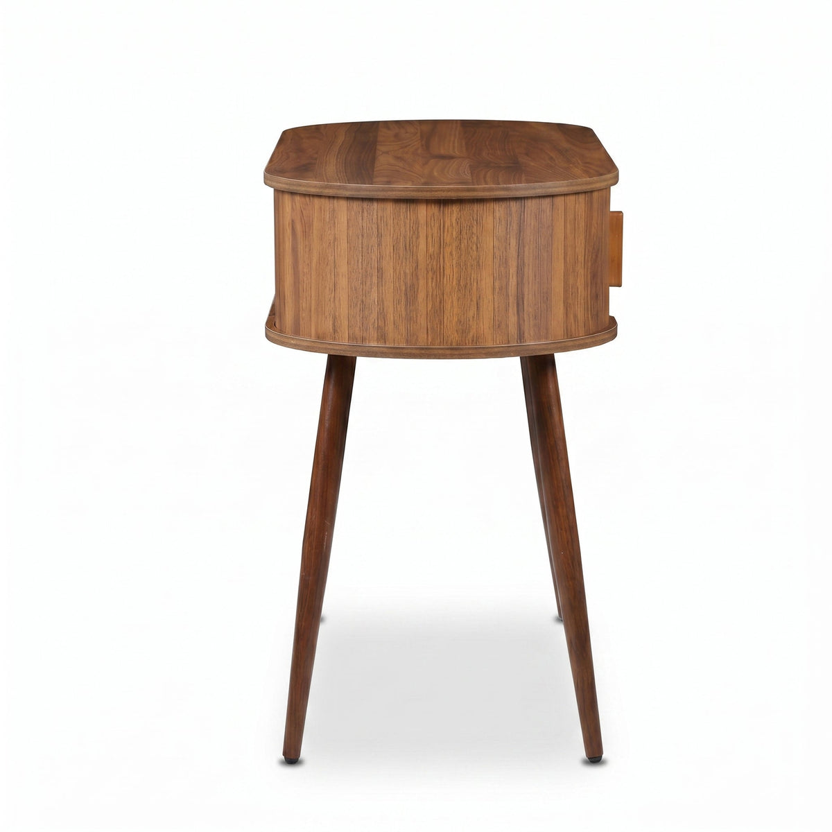 Walnut oval console table side profile showing curved body, small side drawer handle, and splayed tapered legs on white ba…