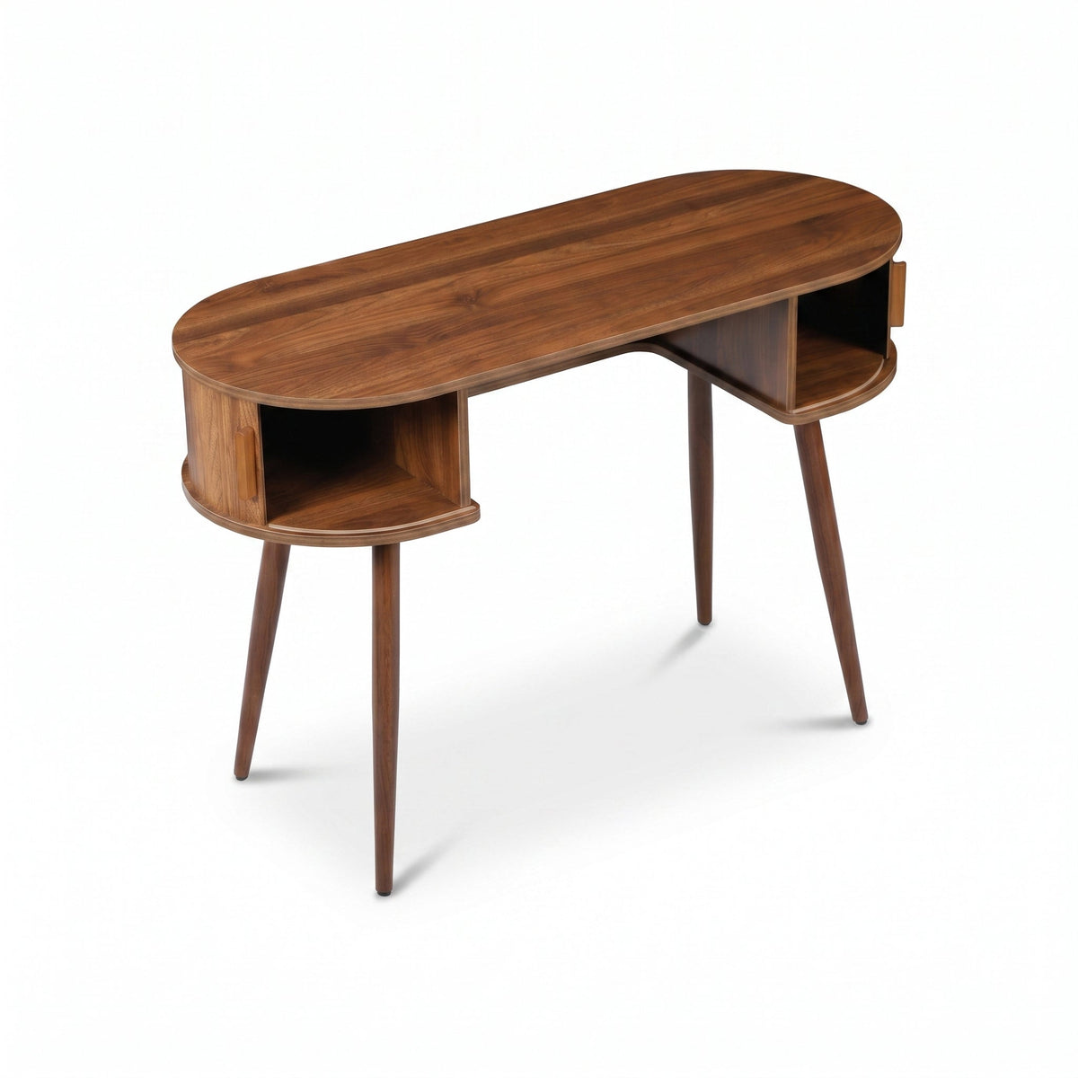 Walnut oval console desk, three-quarter front view showing open left cubby, small right drawer, and splayed tapered legs o…